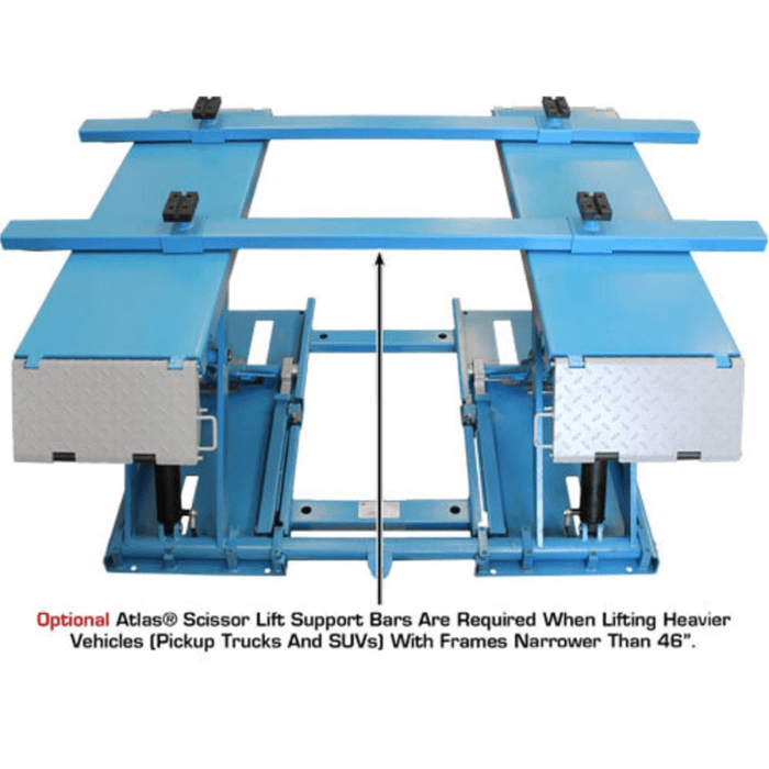 The Atlas Kwik-Bay 7,000 lb. mid-rise lift includes optional support bars for lifting narrow-frame vehicles—essential for safe service on trucks and SUVs under 46 inches wide.