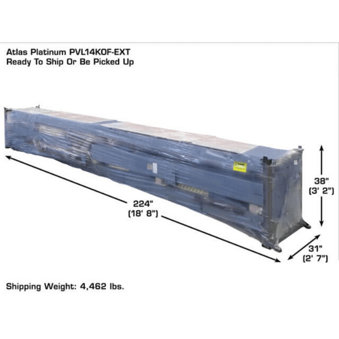 The Atlas PVL14OF-EXT arrives fully secured for freight shipment or pickup—measuring over 18 feet long and weighing 4,462 lbs for dependable delivery.