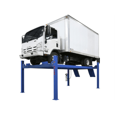 The Atlas PVL14 14,000 lb. 4-post lift is shown lifting a commercial truck with ease—built for shops that need serious strength and reliable clearance for heavy-duty service work.