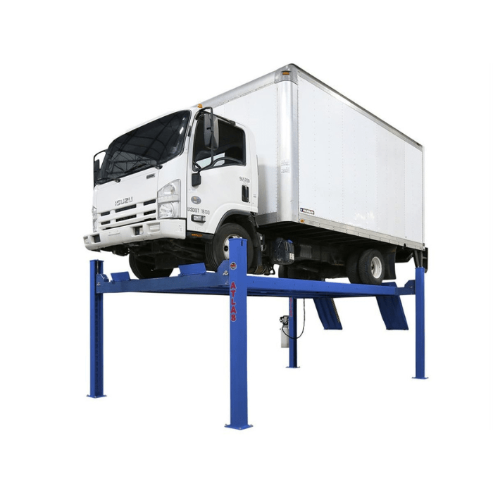 The Atlas PVL14 14,000 lb. 4-post lift is shown lifting a commercial truck with ease—built for shops that need serious strength and reliable clearance for heavy-duty service work.