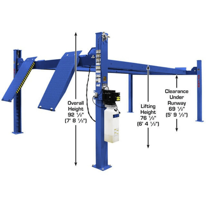 The Atlas PVL14 4-Post Lift delivers heavy-duty lifting with nearly 70 inches of clearance under the runway—perfect for shops working on tall vehicles or needing serious undercar access.