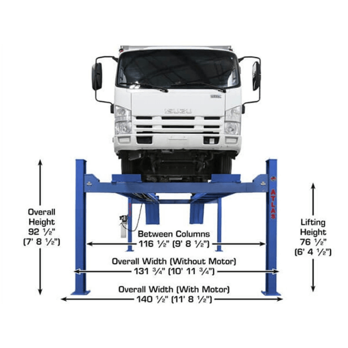 The Atlas PVL14 Four-Post Lift delivers commercial-grade strength with impressive lifting height and wide column spacing—perfect for safely elevating medium-duty trucks.