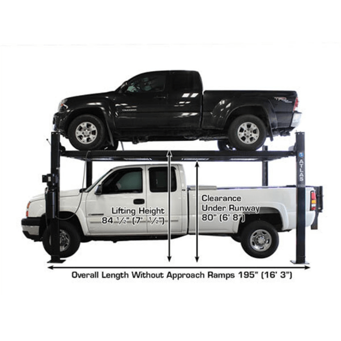 The Atlas Portable PRO8000EXT-L Four-Post Car Lift effortlessly supports full-size pickups with an 84½ inch lift height and 80 inches of under-runway clearance