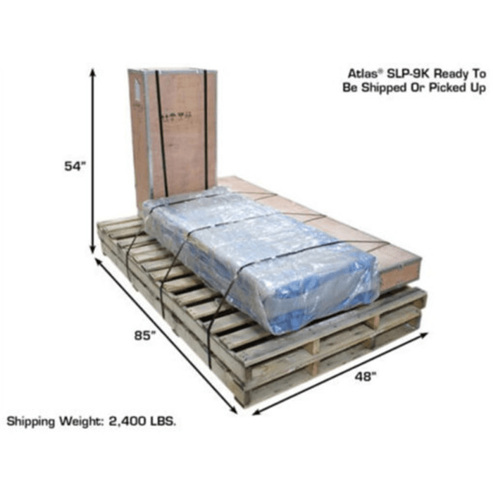 The Atlas SLP-9K is securely packaged for shipment or pickup, weighing in at 2,400 lbs. and measuring 85 x 48 x 54—ready to roll from warehouse to shop floor.