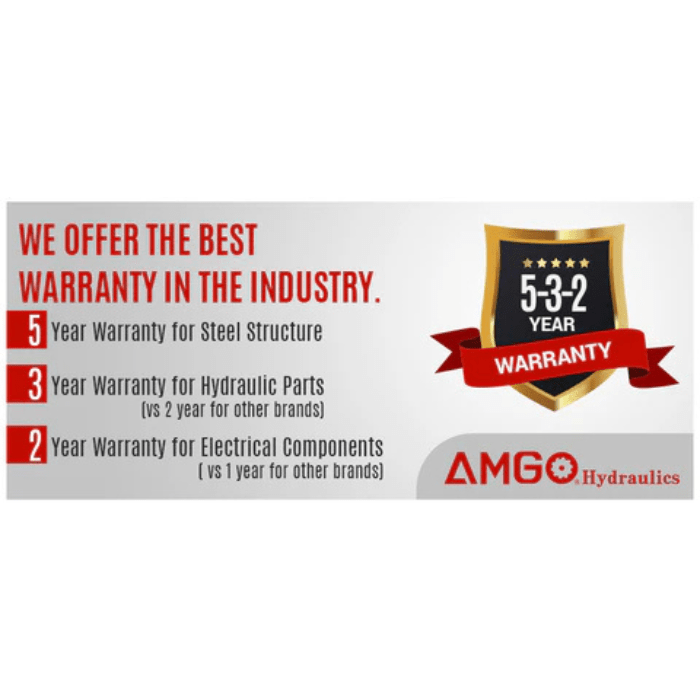 The BP-9X by AMGO features a 5-3-2 year warranty covering structure, hydraulics, and electrical parts