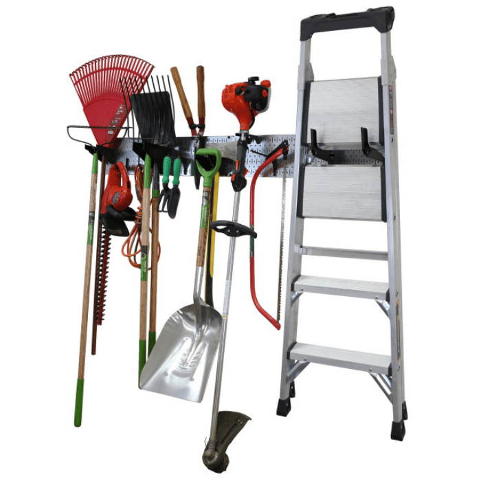 The Garage Storage Lawn Garden Tool Organization Wall Organizer with a metallic pegboard and black accessories with tools