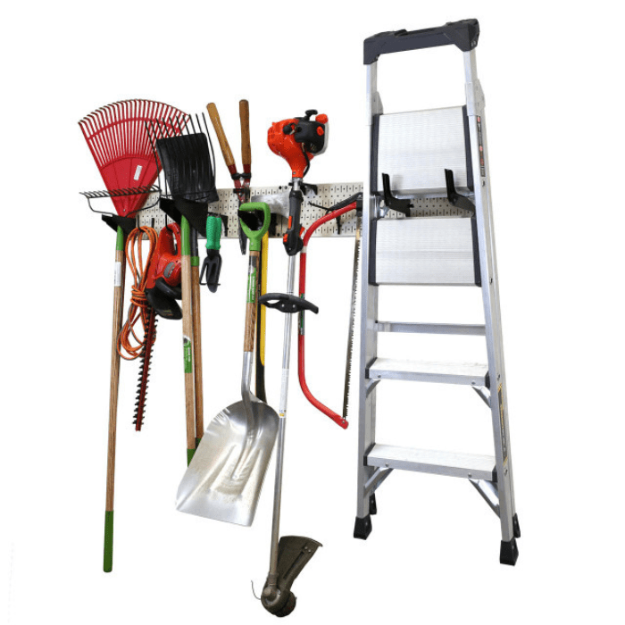 The Garage Storage Lawn Garden Tool Organization Wall Organizer with beige pegboard and black accessories with tools