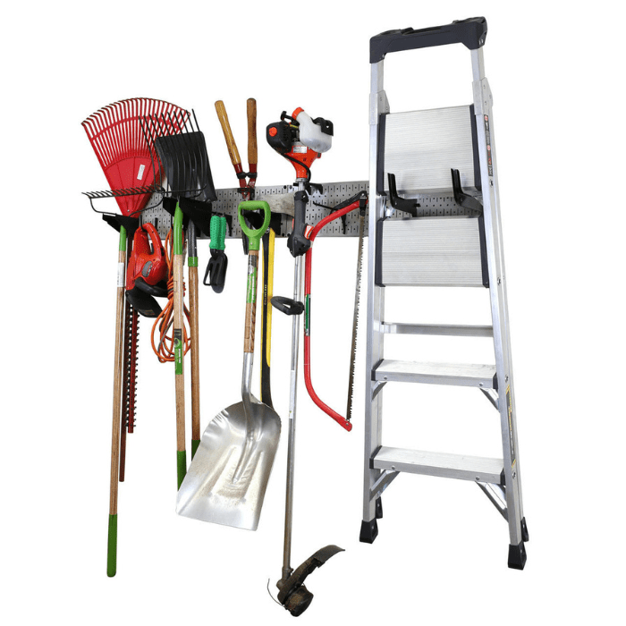 The Garage Storage Organizer Rack with a grey pegboard and black accessories