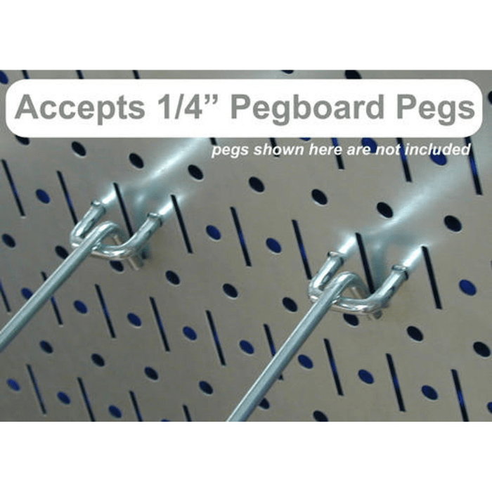 The Master 8ft Metal Pegboard Workbench Kit showing how it uses 1-4 inch pegs