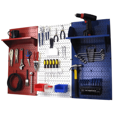 The Patriot Pegboard Kit with a red and blue shelf with tools on all the accessories