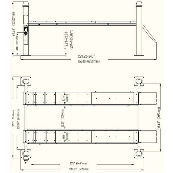 The dimensions sheet for the Katool 4H150 15000lb Four-Post Vehicle Lift