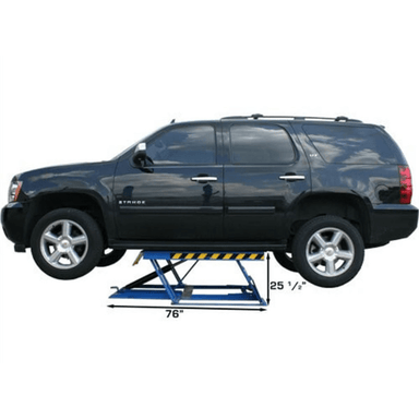 This side view of the Atlas LR06 highlights its 25 ½ max lift height—ideal for SUVs, sedans, and light-duty trucks in tight workspaces.