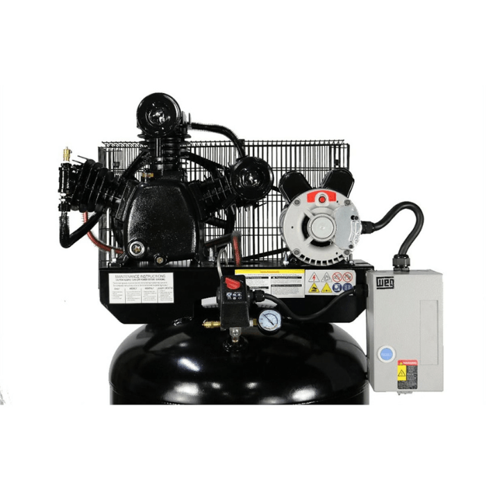 Top close-up of the Atlas AF7 Air Compressor featuring dual-cylinder pump, electric motor, pressure gauge, and WEG control box.