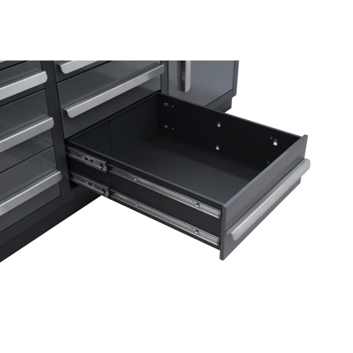Top work surface detail with pull-out tray drawer on the Dragonfire Pro Series 12 drawer 7ft workbench (DFT-WB-12)