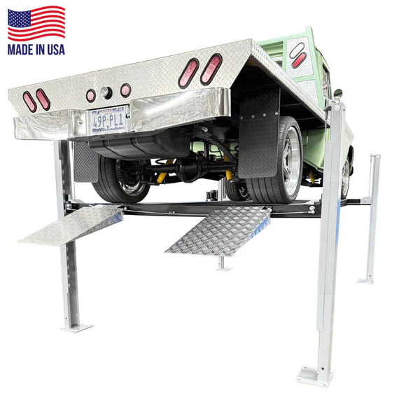 Triumph USA8000XLT extra long & tall 8,000 lb 4-post lift, rear three-quarter with raised ramps, Made in USA