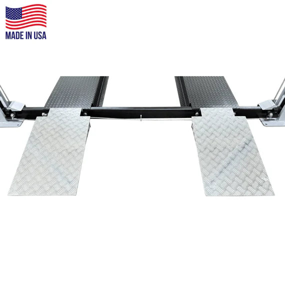 Triumph USA8000XLT four-post lift dual approach ramps detail for easy drive-on access