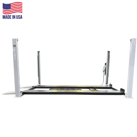 Triumph USA8000XLT long-deck 8K four-post lift, low side profile with posts and ramps