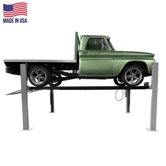 Triumph USA8000 8K four-post car lift with classic truck, power unit at front post