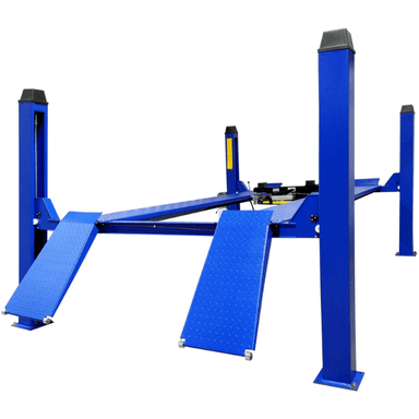 Tuxedo FP12K-K 4 post car lift with ramps extended, designed for 12,000 lb capacity heavy-duty vehicles