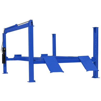 Tuxedo FP14K 14,000 lb 4 post lift full view with clear floor design and dual ramps