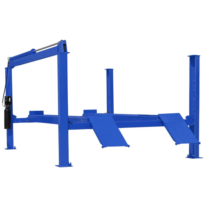 Tuxedo FP14K 14,000 lb 4 post lift full view with clear floor design and dual ramps