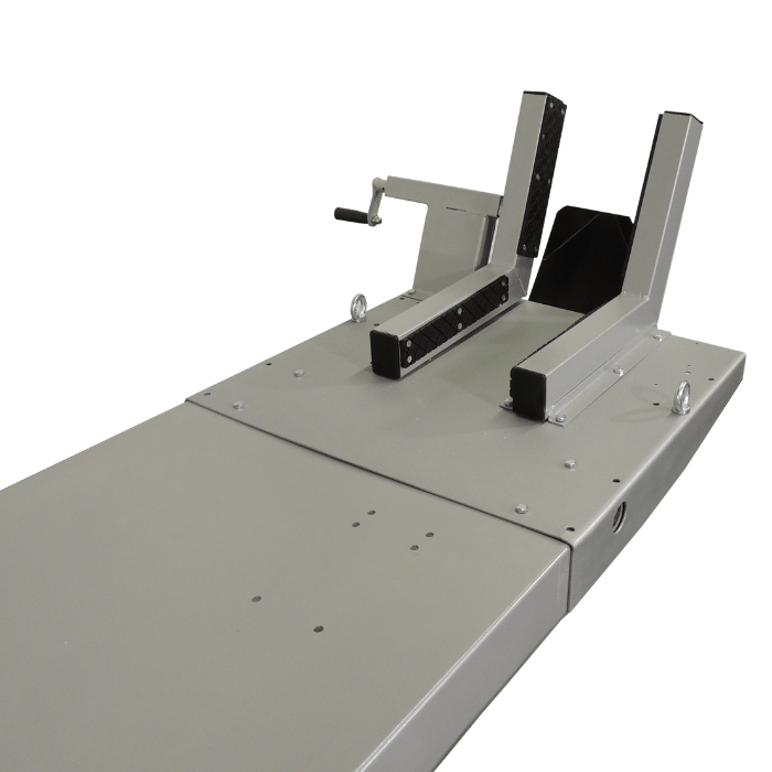Tuxedo M-1000C motorcycle lift with M-FrontExt extension and wheel chock installed