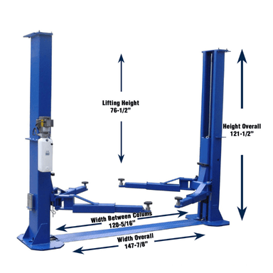 Tuxedo TP12KFX 2 post lift with dimensions labeled for height, width, and lift capacity