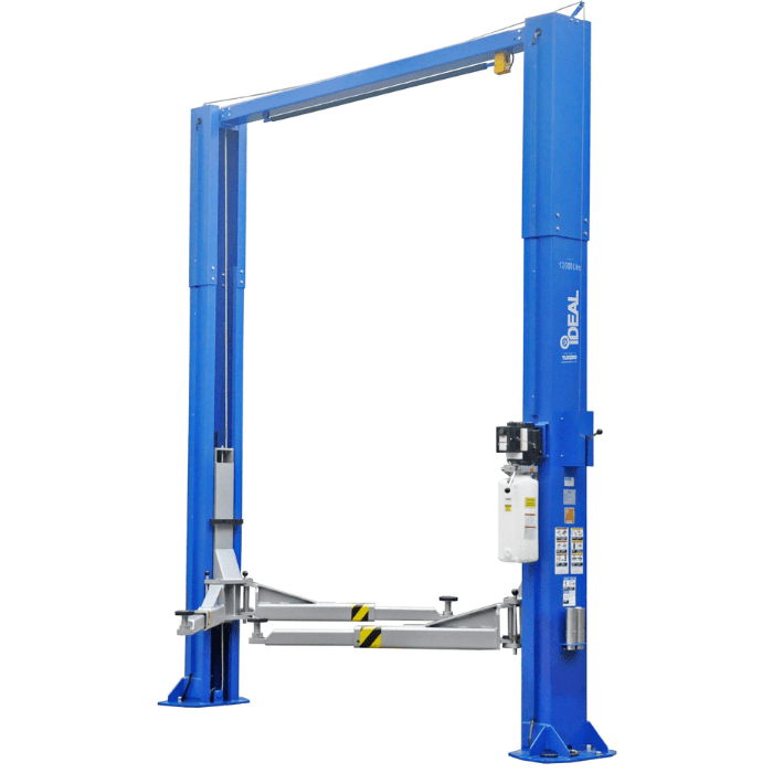 Tuxedo TP12KSC-DX 12,000 lb clear-floor 2 post car lift side angle