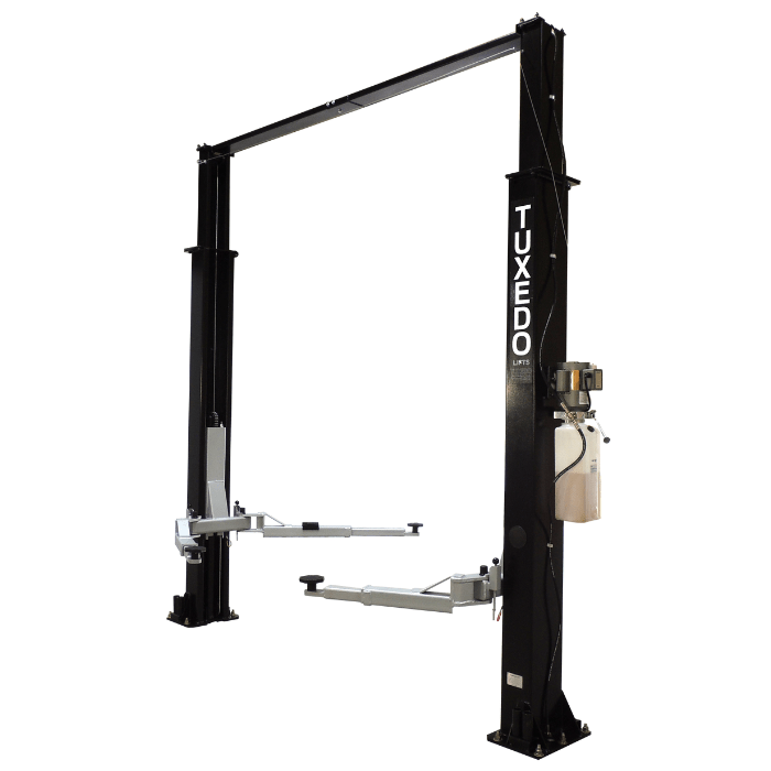 Tuxedo TP9KAC-TUX asymmetric 2 post lift with 9,000 lb capacity angled view