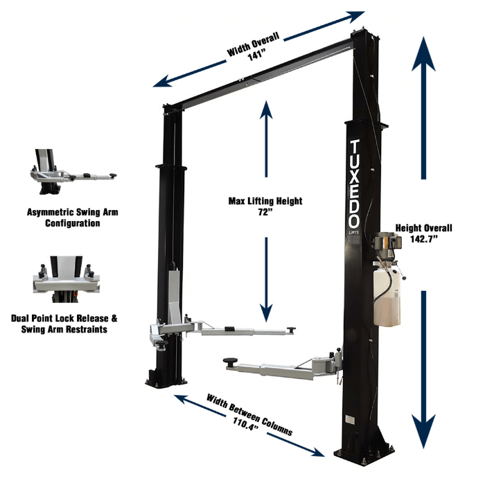 Tuxedo TP9KAC-TUX clear floor 2 post lift dimensions and specifications diagram