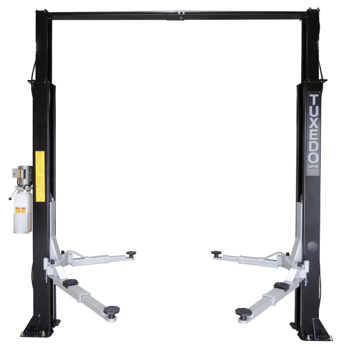 Tuxedo TP9KAC-TUX two post lift front view with asymmetric swing arms extended