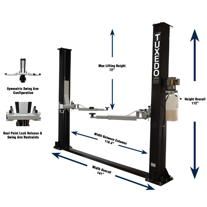 Tuxedo TP9KF-TUX 2 post car lift with dimensions and specifications diagram