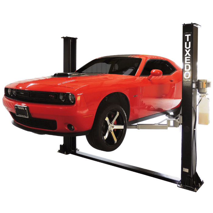 Tuxedo TP9KF-TUX 9,000 lb 2 post car lift hoisting red Dodge Challenger