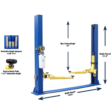 Tuxedo TP9KFX 2-post car lift dimensions and specifications diagram