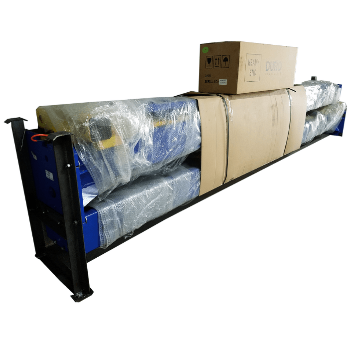 Tuxedo TP9KFX 2-post lift packaged for shipping with heavy-duty crate