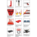 Twelve pictograms illustrating PRO-18A four-post lift highlights high-grade cylinders, safety locks, adjustable runways, turnplate blocks, platform extensions, air line kits, rolling jacks, and non-slip diamond platforms