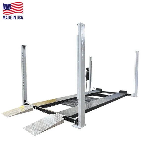 USA8000XLT Made in USA Triumph 4-post parking lift, studio angle with diamond-plate runways