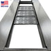 USA8000XLT Triumph four-post lift center drip trays close-up on diamond-plate runways, Made in USA