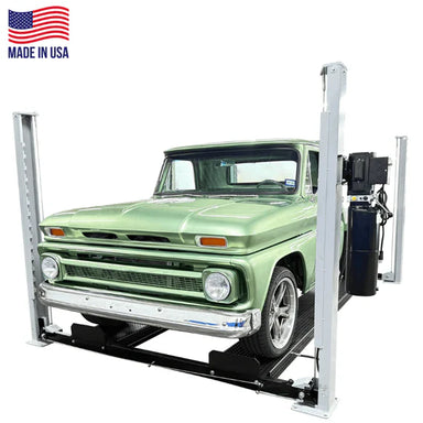 USA8000XLT Triumph four-post lift supporting vintage pickup, close front angle