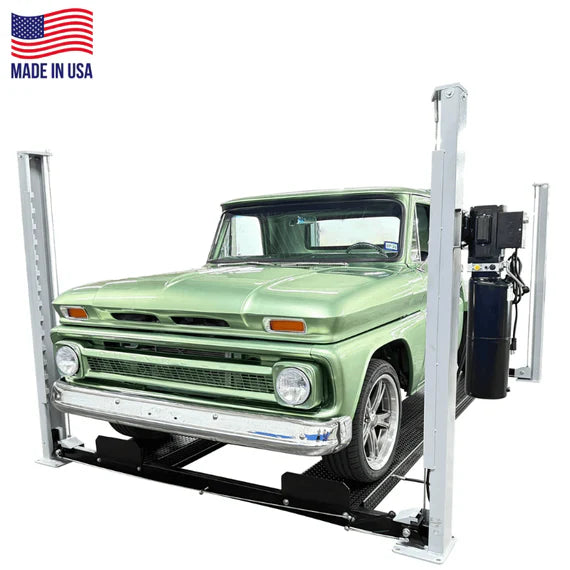 USA8000XLT Triumph four-post lift supporting vintage pickup, close front angle