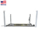 USA8000 four-post auto lift by Triumph, 8,000 lb, studio angle with diamond-plate ramps