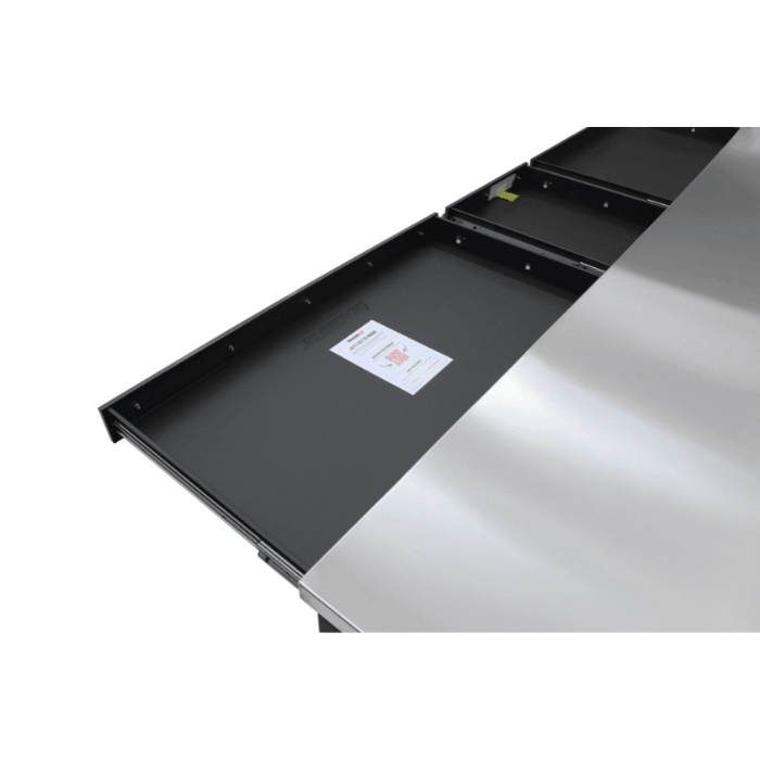 Under-top sliding trays on the gray Dragonfire 9FT workbench showing dual tray access and textured surface (DFT-WB-20)