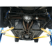 Undercarriage view of a vehicle elevated on the Atlas 9OHSC-SS 9000lb overhead lift showing lift arms securely positioned