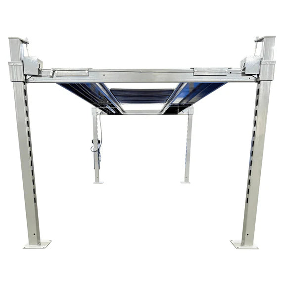 Underside perspective of Triumph NOS10000 10K four-post service lift showing runways and crossmembers