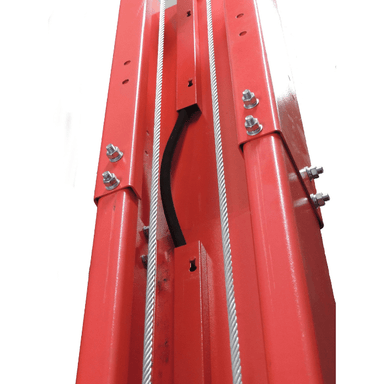 Upward view of the column internals on the Launch 9K Clear Floor 2 Post Lift – TLT240SC-R, showing the routed hydraulic hose and twin steel cable system for lift synchronization.