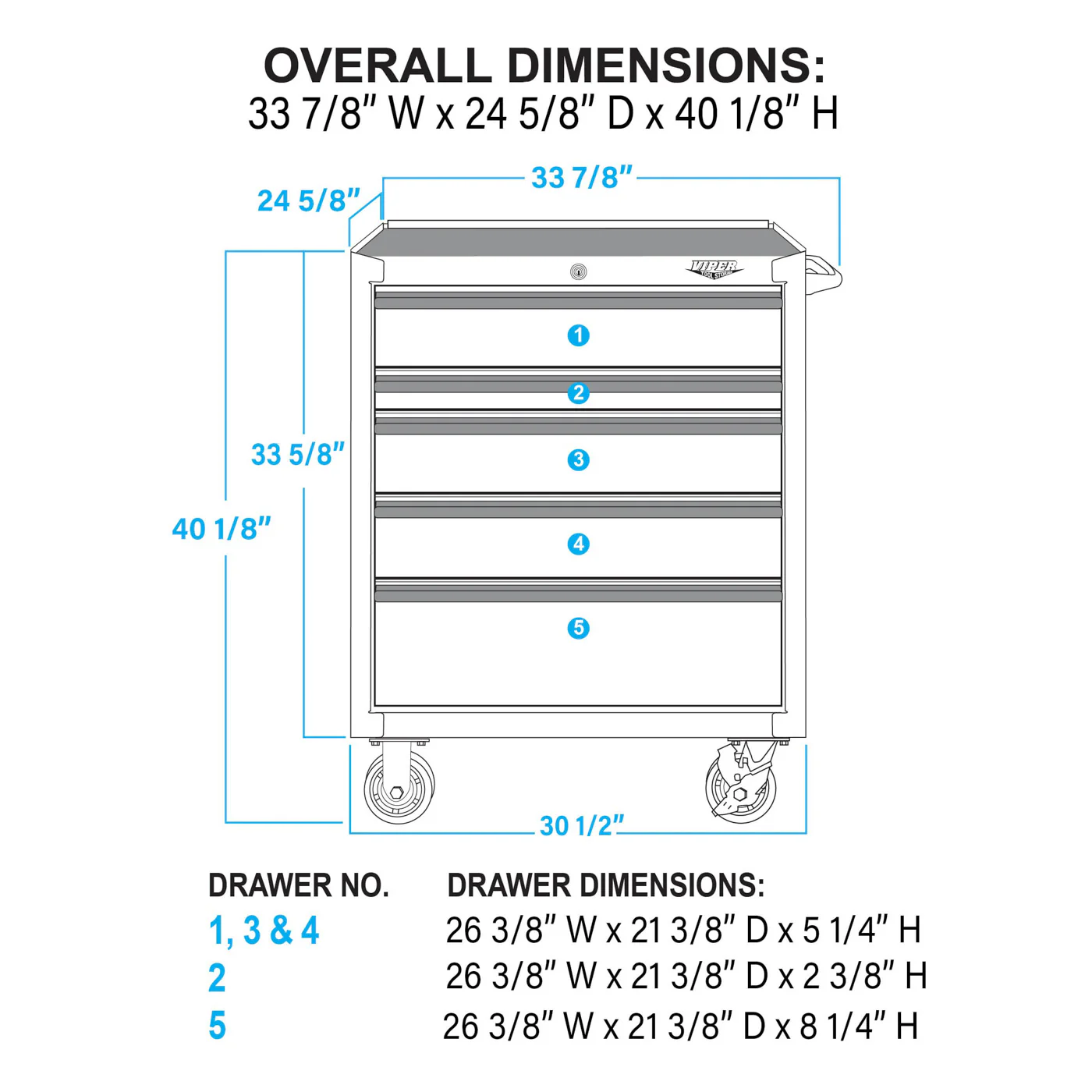 Viper Tool Storage V300541WHR Premium Series 30-Inch 5-Drawer 18G Steel Rolling Cabinet dimenesions