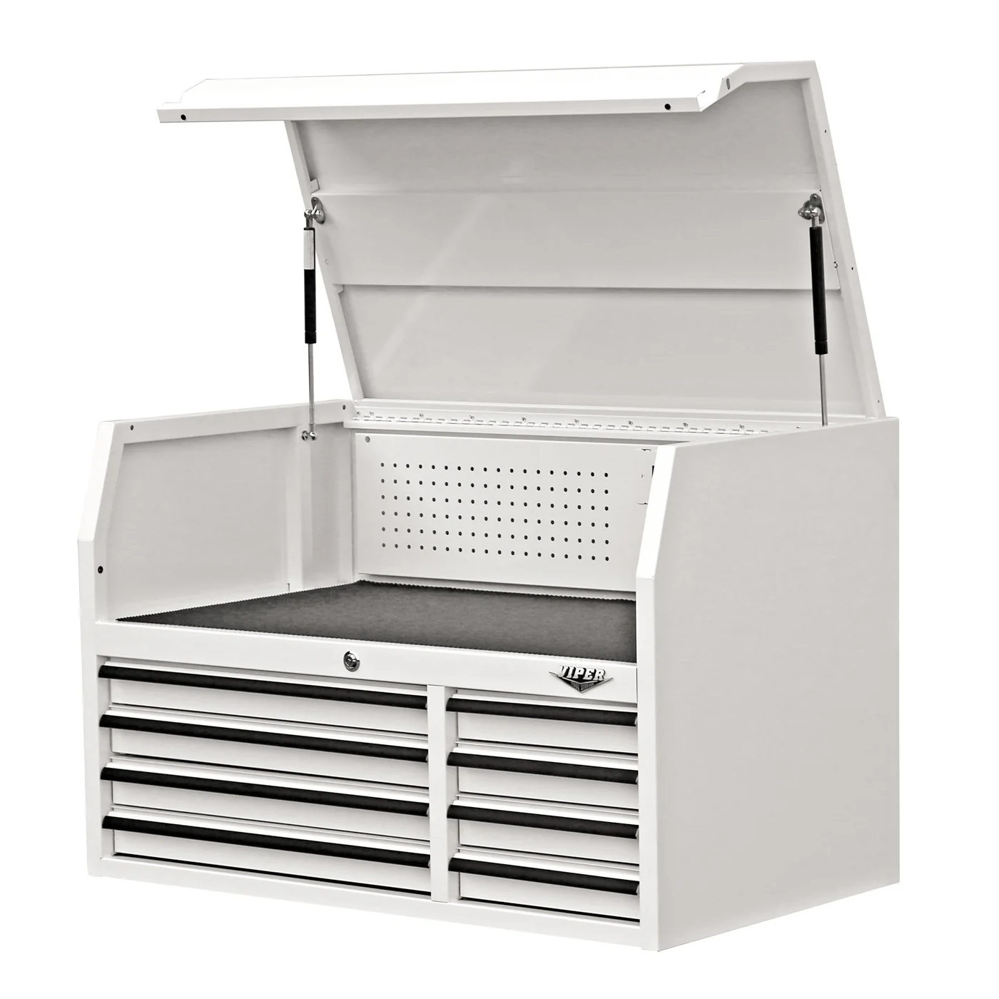 Viper Tools 41 in 8 Drawer Top Chest side angle with lid open in White