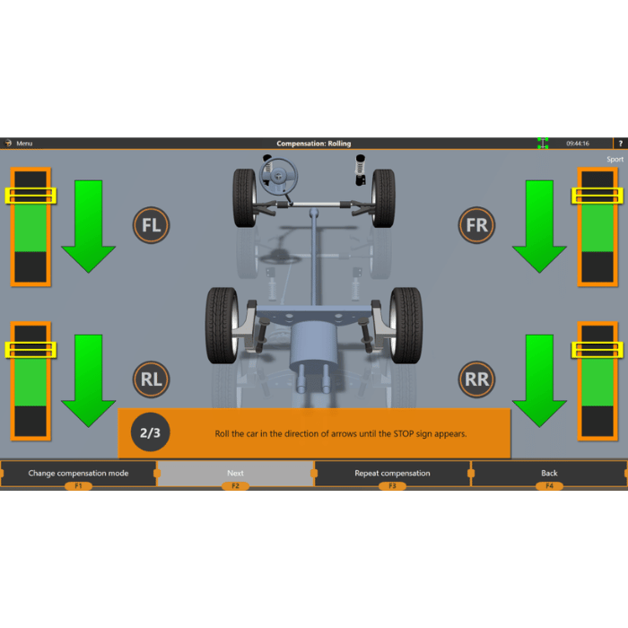 Wheel rolling compensation screen on iDEAL IWA-60-2000T-K 3D alignment machine