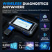 Wireless diagnostic scanner showing Bluetooth VCI connection, live data graphs, Wi-Fi, and Bluetooth support