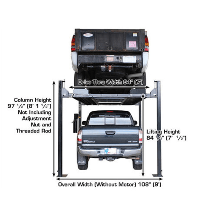 With 84.5 inches of lifting height and a column height just over 8 feet, the Atlas PRO8000EXT-L Portable 8000lb Four-Post Vehicle Lift easily clears full-size trucks for stacked parking